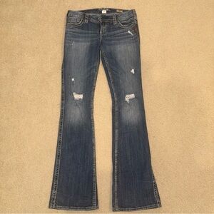SILVER JEANS DISTRESSED FRANCES FLARE 28 X 35 LONG EUC